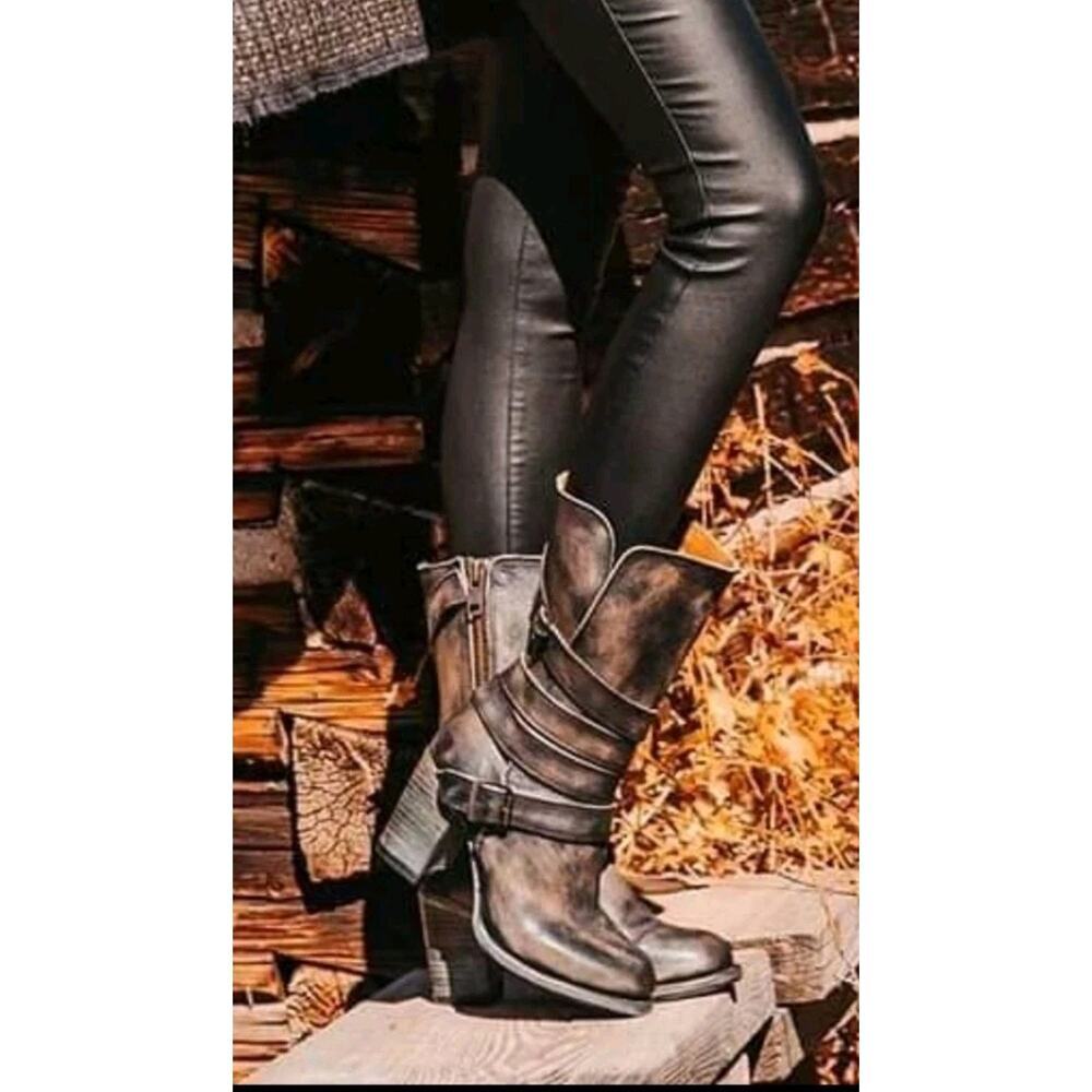 Freebird BARKER Boots SZ 7 Mid-calf Brown Leather Buckle Details Side Zip Boho